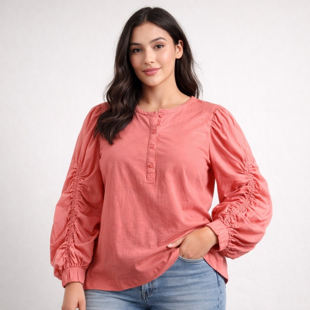 Chico's Coral Pink Henley Ruched Puffed Sleeve Blouse Top Women 3X Boho Peasant